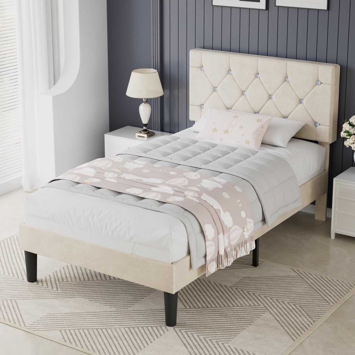 VECELO Twin Size Bed Frame, Upholstered Platform with Adjustable Diamond Tufted Headboard, Wood Slat Support, No Box Spring Needed, Pala Beige VECELO