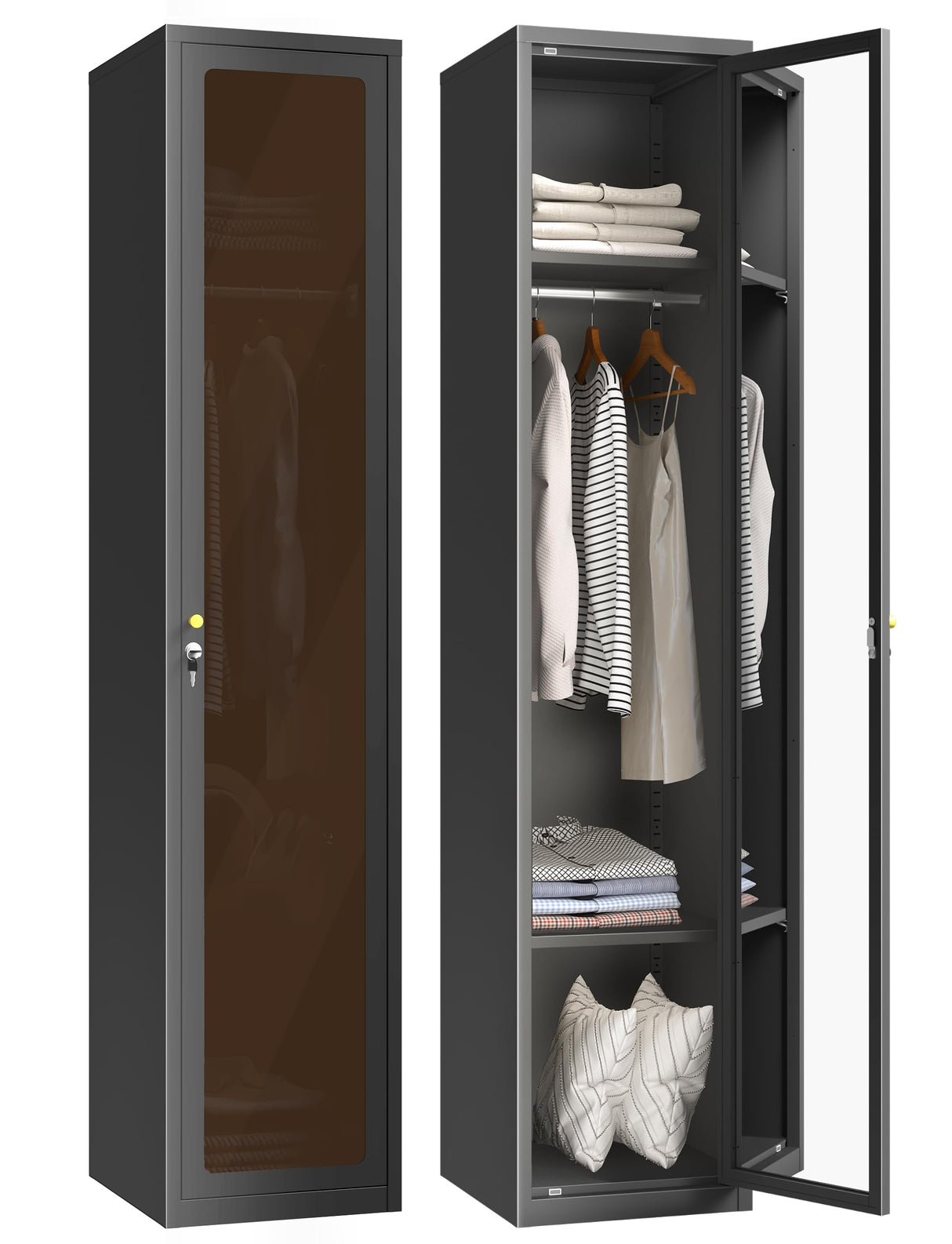 VCGGAIP Metal Locker 0rganizer for Employees with Lock, Amber Glass Door Cabinet with Mirror,Lockable Lifetime Locker for Home, Office, Gym, School, Garage,Black (Single Door, Black) VCGGAIP