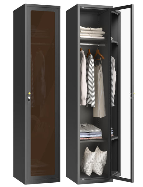 VCGGAIP Metal Locker 0rganizer for Employees with Lock, Amber Glass Door Cabinet with Mirror,Lockable Lifetime Locker for Home, Office, Gym, School, Garage,Black (Single Door, Black) VCGGAIP