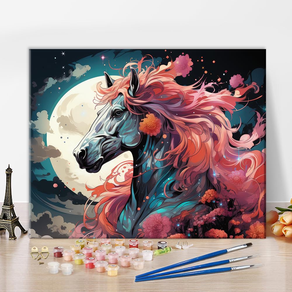 TUMOVO Paint by Numbers for Adults Moon, Flowers and White Horses Paint Number Kits Night Sky Adult Paint by Number Animals Adult Paint by Number Kits DIY Oil Painting Kits, 16 x20 Inch TUMOVO
