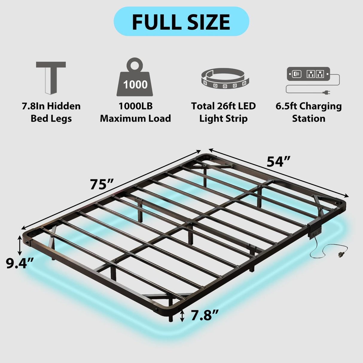 YGEOMER Full Size Floating Bed Frame with Charging Station, Modern Metal Platform Bed Frame with LED Light, Easy Assembly, Black YGEOMER