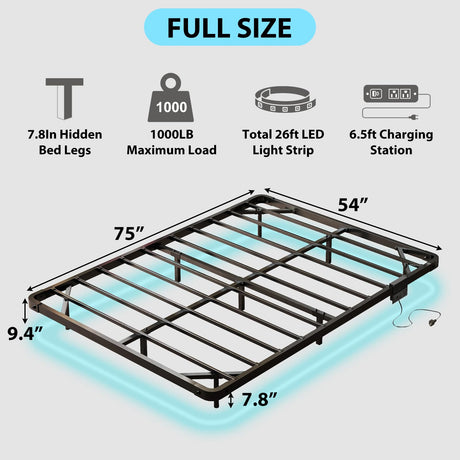 YGEOMER Full Size Floating Bed Frame with Charging Station, Modern Metal Platform Bed Frame with LED Light, Easy Assembly, Black YGEOMER