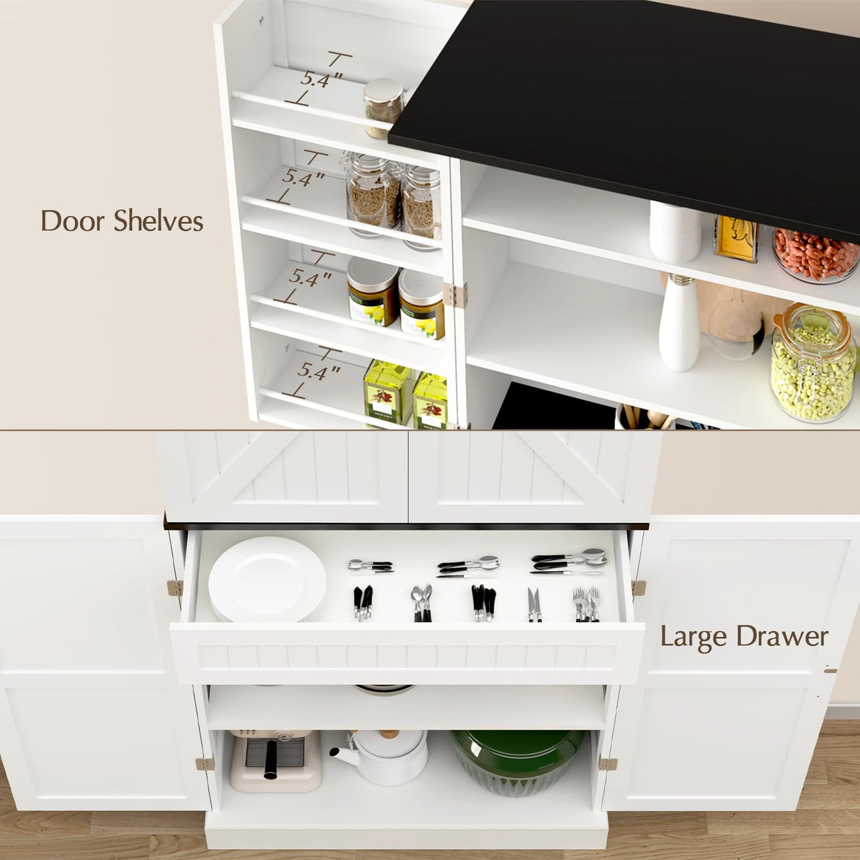 OtterOasis 72" Tall Pantry Cabinet, 31.5" W Larger Farmhouse Kitchen Pantry Cabinet with Barn Doors, Hidden Drawer and 4 Shelves, Wood Versatile Storage Cabinet for Kitchen, Dining Room, Living Room OtterOasis