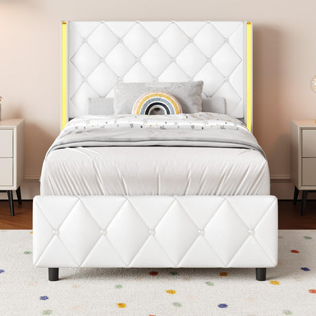 Twin Bed Frames with Headboard, Bed Frame Twin with Diamond Tufted Design, Upholstered Platform Bed with Wingback, No Box Spring Needed, Easy Assembly, White HOMBCK