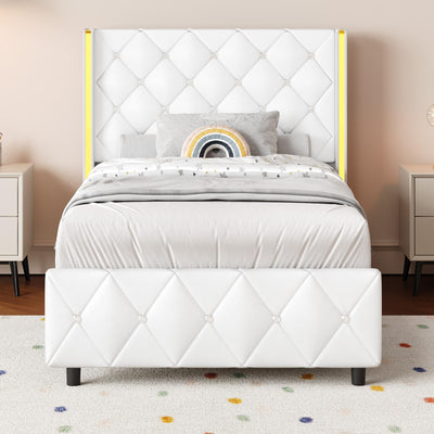 Twin Bed Frames with Headboard, Bed Frame Twin with Diamond Tufted Design, Upholstered Platform Bed with Wingback, No Box Spring Needed, Easy Assembly, White