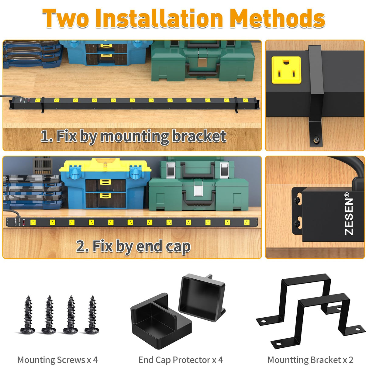 ZESEN 12 Outlet Heavy Duty Workshop Metal Long Power Strip Surge Protector with 15ft Cord, Garage Workbench Multi Wide Industrial Outlet Power Strip, ETL Certified, Black ZESEN