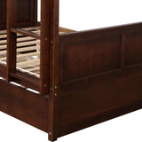 KLMM Full Over Full Bunk Bed with Trundle, Solid Wood Bunk Bed with Ladder and Safety Guard Rail, Can Accommodate 5 Person, Apply to Bedroom/Dormitory (Walnut) KLMM