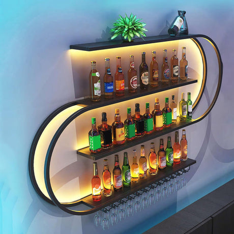 RAJYQODIS 59in Wall Mounted Wine Rack, Floating Bar Shelves 4-Tier，Industrial Metal Bottles Display Storage Shelf, for Home Bar Dining Room Decor, Black (Black, 59.05in/150cm) RAJYQODIS