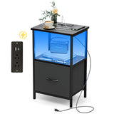 Innerjoin Side Table with Storage, LED Night Stand with A&C Charging Station, End Tables Living Room, Nightstand for Bedroom with Fabric Drawer, Black Innerjoin