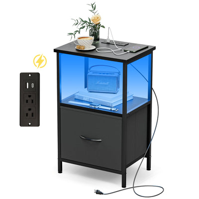 Innerjoin Side Table with Storage, LED Night Stand with A&C Charging Station, End Tables Living Room, Nightstand for Bedroom with Fabric Drawer, Black