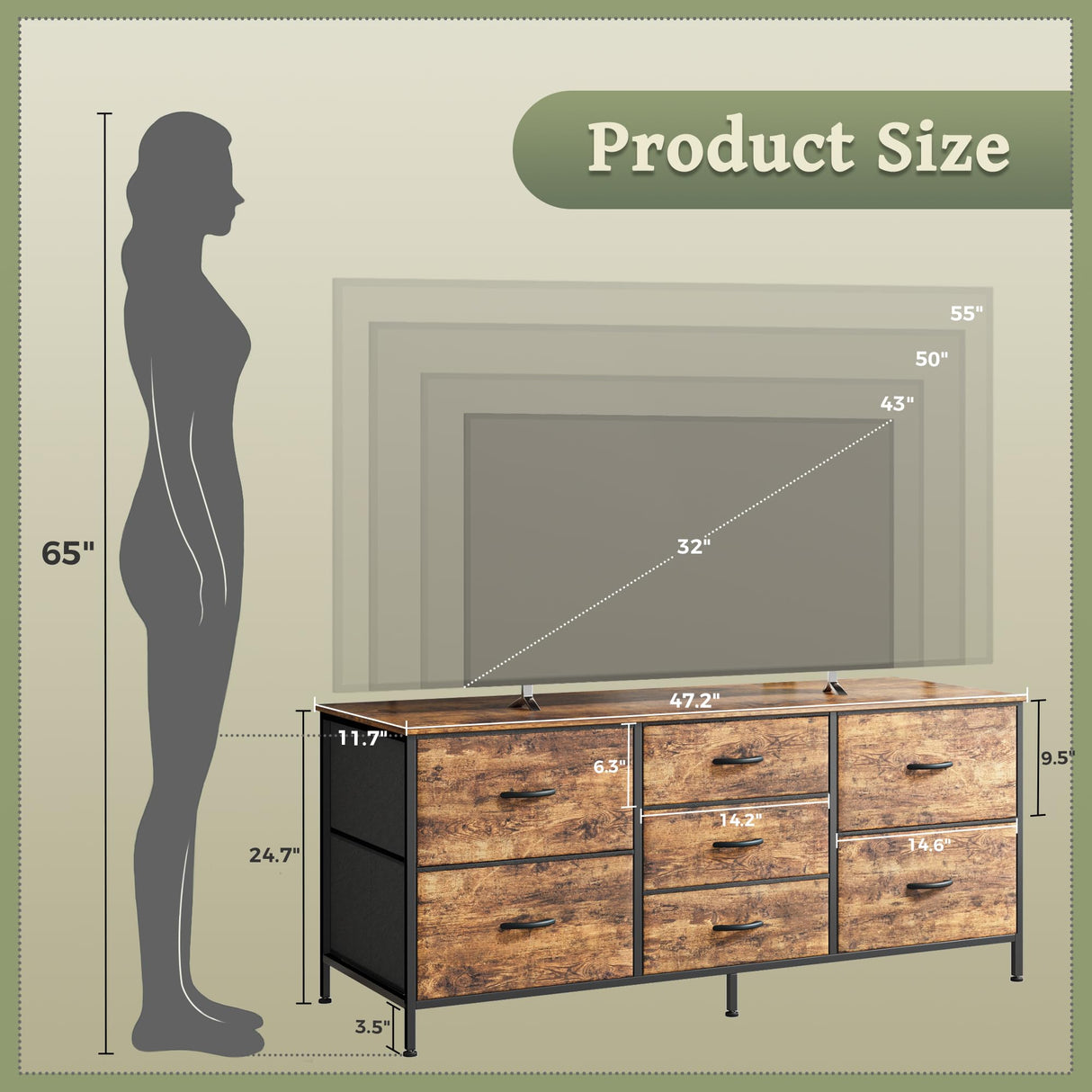 Huuger Dresser with 7 Drawers, 47 Inch Dresser TV Stand for 43, 50, 55 Inch TV, Wide Fabric Dresser Chest of Drawers, Metal Frame, Storage Dresser for Bedroom, Nursery, Clothing, Rustic Brown Huuger