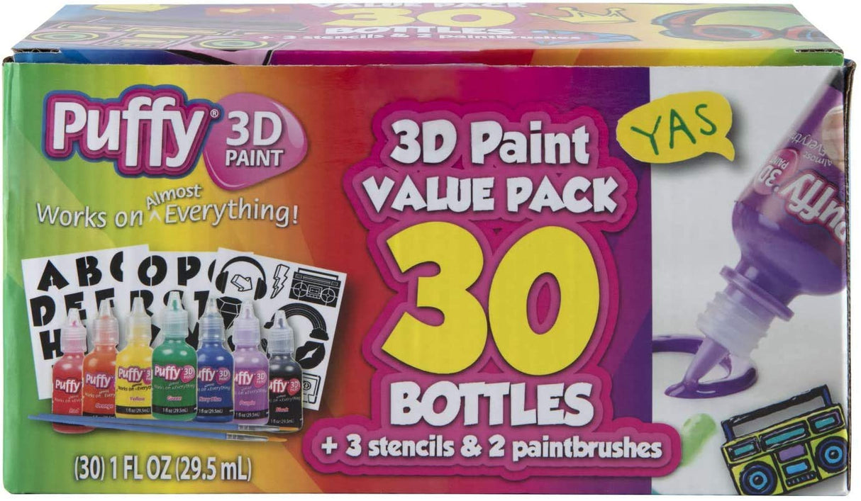 Puffy Bulk Buy Paint 30 pack Premium Quality Nontoxic 3D Paint Set. Safe for Kids, Great for School Projects, Permanent on Fabric, Canvas, Wood, Glass, and More Craft Surfaces Puffy
