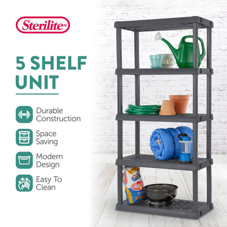 Sterilite 2-Pack 5 Shelf Unit, Heavy-Duty Shelving Storage Rack for Home and Garage, Gray - Multipurpose Plastic Organizer Shelves for Smart Organization Sterilite