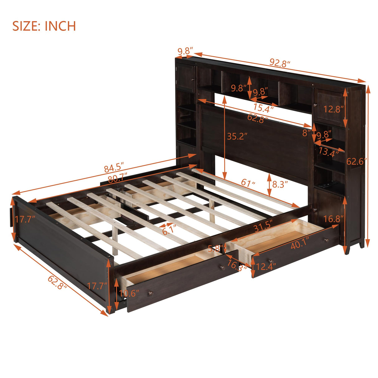 Queen Storage Platform Bed with Bookcase Headboard and Drawers in Espresso Harper & Bright Designs