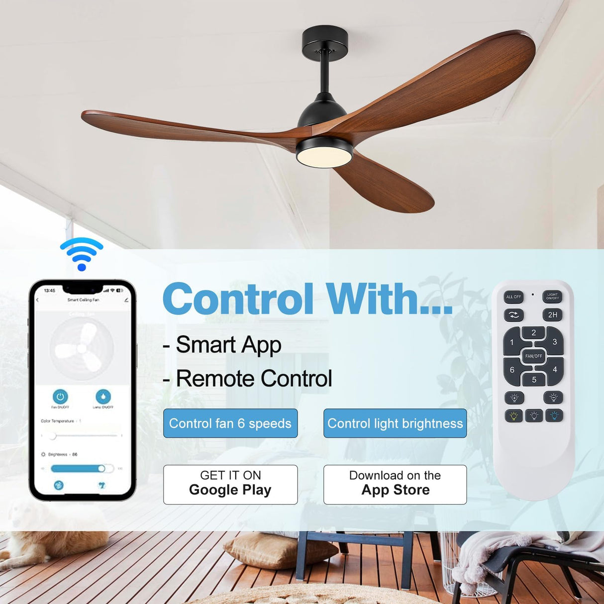 Eliora 54 inch Outdoor Ceiling Fan, Outdoor Ceiling Fans for Patios with Light and Remote Control, 3 Solid Wood Blades, Quiet DC Motor, Outdoor Ceiling Fans for Patios, Porch, Dark Walnut Eliora