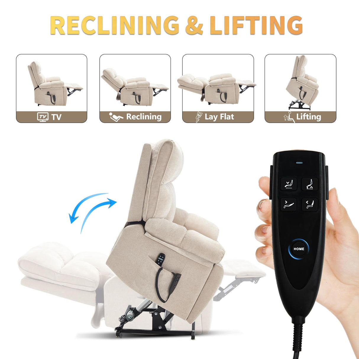 Trustyue Extra Large Dual Motor Power Lift Recliner Chair, Lift Chair with Massage and Heat for Elderly, Lay Flat Recliner, Standing Assistance, Stainless Steel Cup Holders, Chenille Beige Trustyue