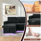 VOHOBY Sleeper Sofa Bed, 85” Pull Out Couch for Living Room with Reversible Storage Chaise,3 in 1 Sofa Couch with Retractable Table | Charging Station | Cup Holder | LED Lighting, Chenille (Black) VOHOBY