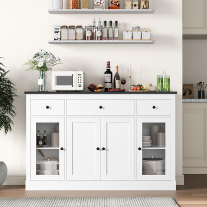 HOSTACK Sideboard Buffet Cabinet with Storage, 55" Large Kitchen Storage Cabinet with Drawers | Glass Doors, Modern Farmhouse Coffee Bar Cabinet, Wood Buffet Table Dining Room Cabinet, White/ - WoodArtSupply