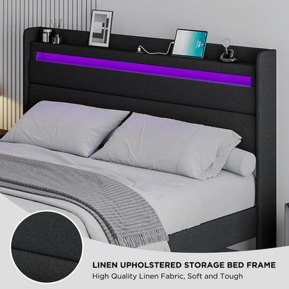 LUXOAK King Size Linen Upholstered Bed Frame with RGBW LED Light & Charging Station - 50" High, No Box Spring Required, Black - WoodArtSupply