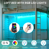 Karl home Twin Metal Loft Bed with Desk, with Power Outlet and LED Lighted, Safety Guardrail & Ladder, Space Saving, No Noise, No Box Spring Needed, White Karl home