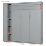 P PURLOVE Murphy Bed Queen, Wood Wall Bed with Shelves, Wardrobe and LED Lights, No Box Spring Needed (Gray) P PURLOVE