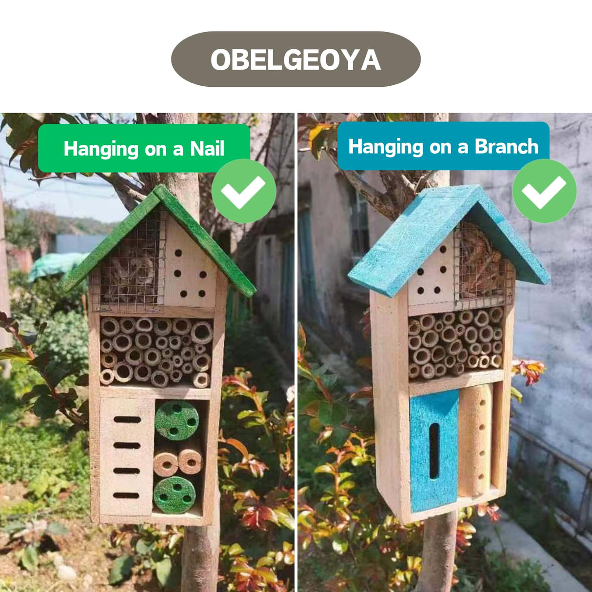 OBELGEOYA Wooden Insect House - Natural Outdoor Insect Hotel for Bees, Butterflies, Ladybugs, Beneficial Insects, Eco-Friendly Bug Hotel, Hanging Garden Habitat for Pollinators, 10.2 x 5.1 x 3.5 Inch OBELGEOYA