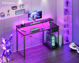 AODK Gaming Desk with LED Lights & Power Outlet, 48 Inch Computer Desk with Drawer, Reversible Desk with Adjustable Monitor Shelf & Headphone Hook for Home Office, Black AODK