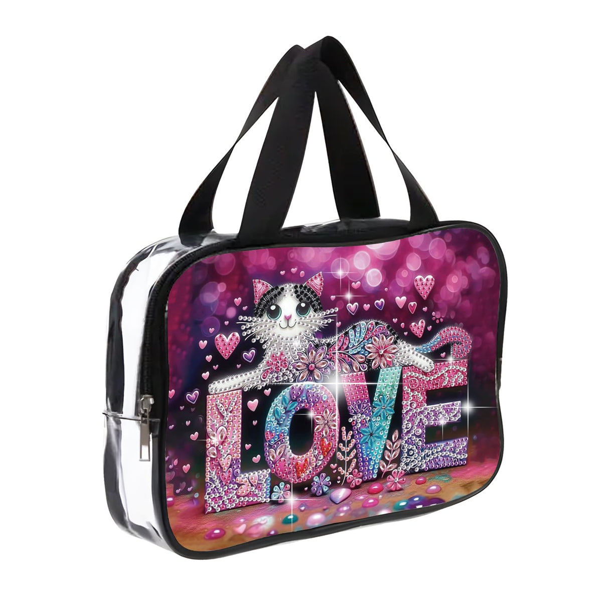 DIY diamond painting makeup bag kit, cat pattern sequined makeup storage bag with zipper, portable travel toiletries bag, as a handmade creative gift Tontut