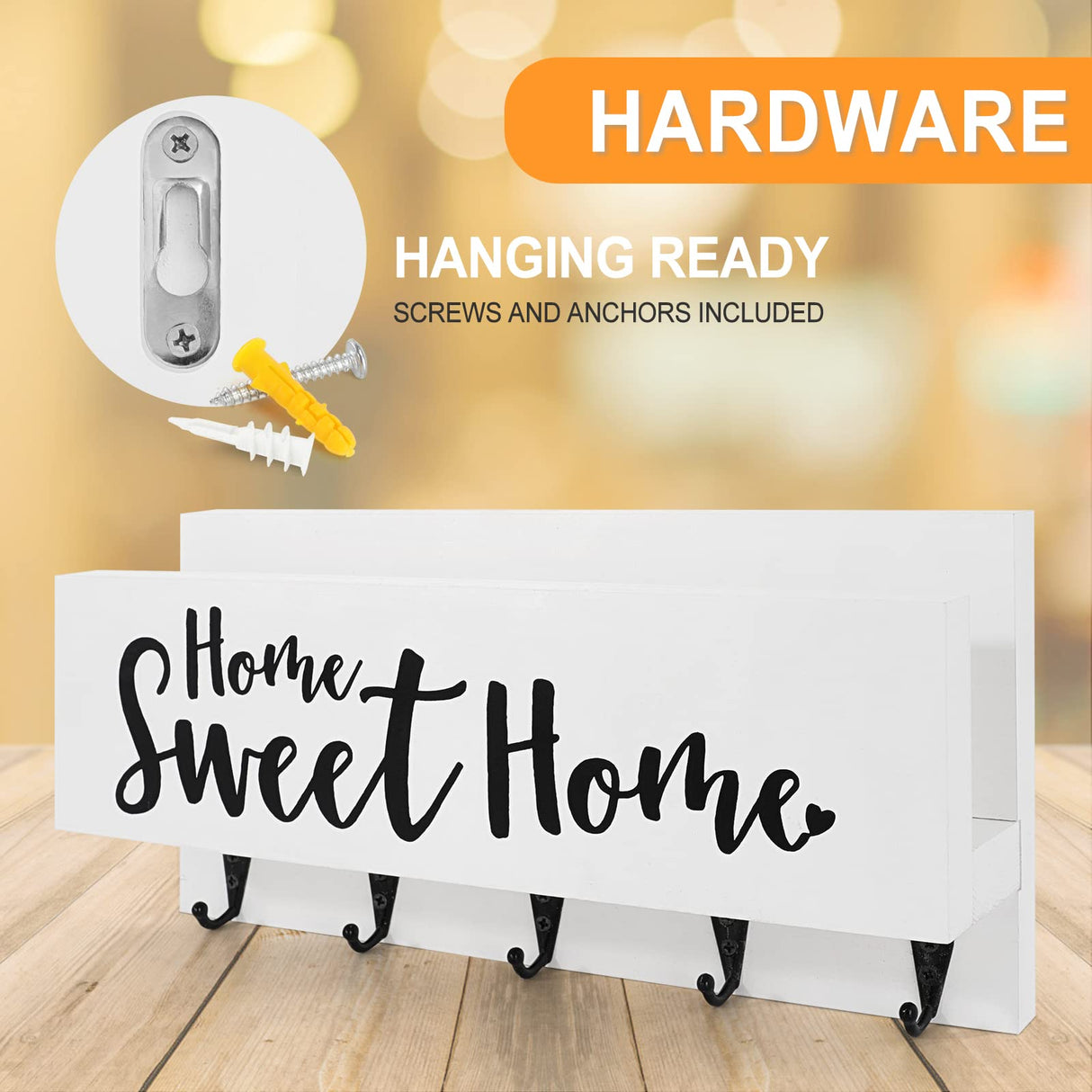 FIPUTE Mail and Key Holder for Wall, Decorative Entryway Organizer Shelf with Hooks for Dog Leash, Sunglasses, Purses, Coats – 100% Solid Wood Key Hanger 11.8” x 5.9” x 3.2” FIPUTE