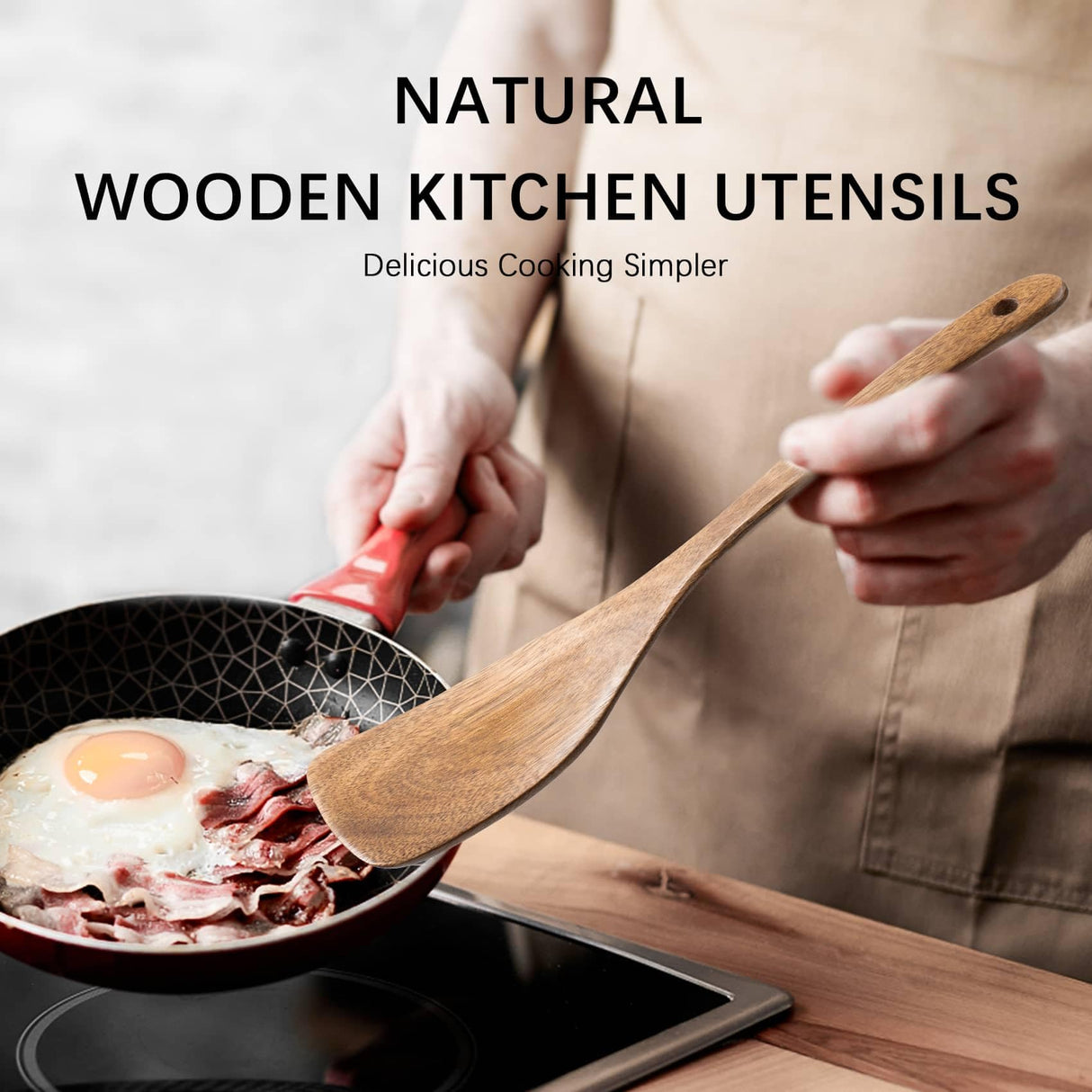 Hefild 2Pcs Curved Wooden Spatula for Cooking, 12.5inch Wood Turner for Frying, Non-Scratch Wood Flat Spurtle for Pan & Wok, Acacia Wooden Cooking Utensils for Non Stick Cookware, Long Handle Scraper Hefild