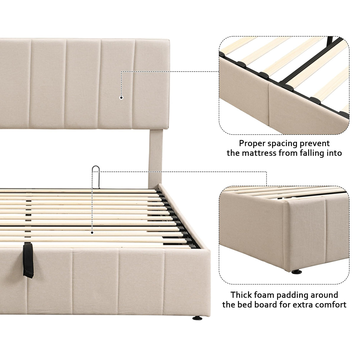 Merax Gas Lift Up Storage Platform Bed, Upholstered Bed Frame with Hydraulic Storage System and Wooden Slat Support, Queen Size, Beige Merax
