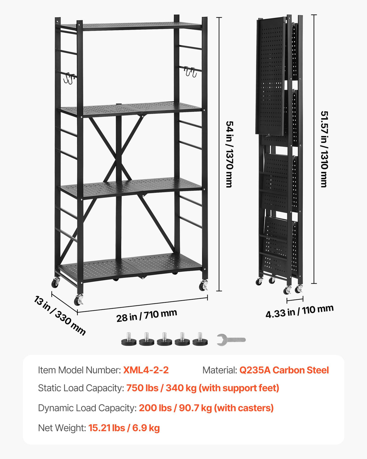 VEVOR 4-Tier Foldable Storage Shelf, 28W x 13D x 54H Inch Folding Metal Rack Shelving Unit, No Assembly Organizer Shelf with 5 Wheels & 4 Hooks for Pantry, Kitchen, Garage, Basement, Black VEVOR