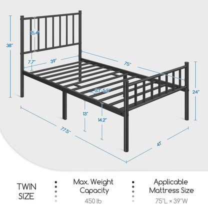 Yaheetech Twin Size Bed Frame Metal Platform Bed Frame Mattress Foundation with Spindle Headboard & Footboard/No Box Spring Needed/14 Inch Underbed Storage/Firm Support & Easy Set up Structure, Black