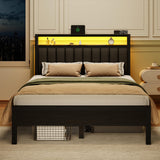 Furnulem Queen Size Bed Frame with Charging Station and LED Lights, Platform Bed with Metal Slats, Grey Upholstered Headboard with 2-Tier Storage Shelves, No Box Spring Needed Furnulem