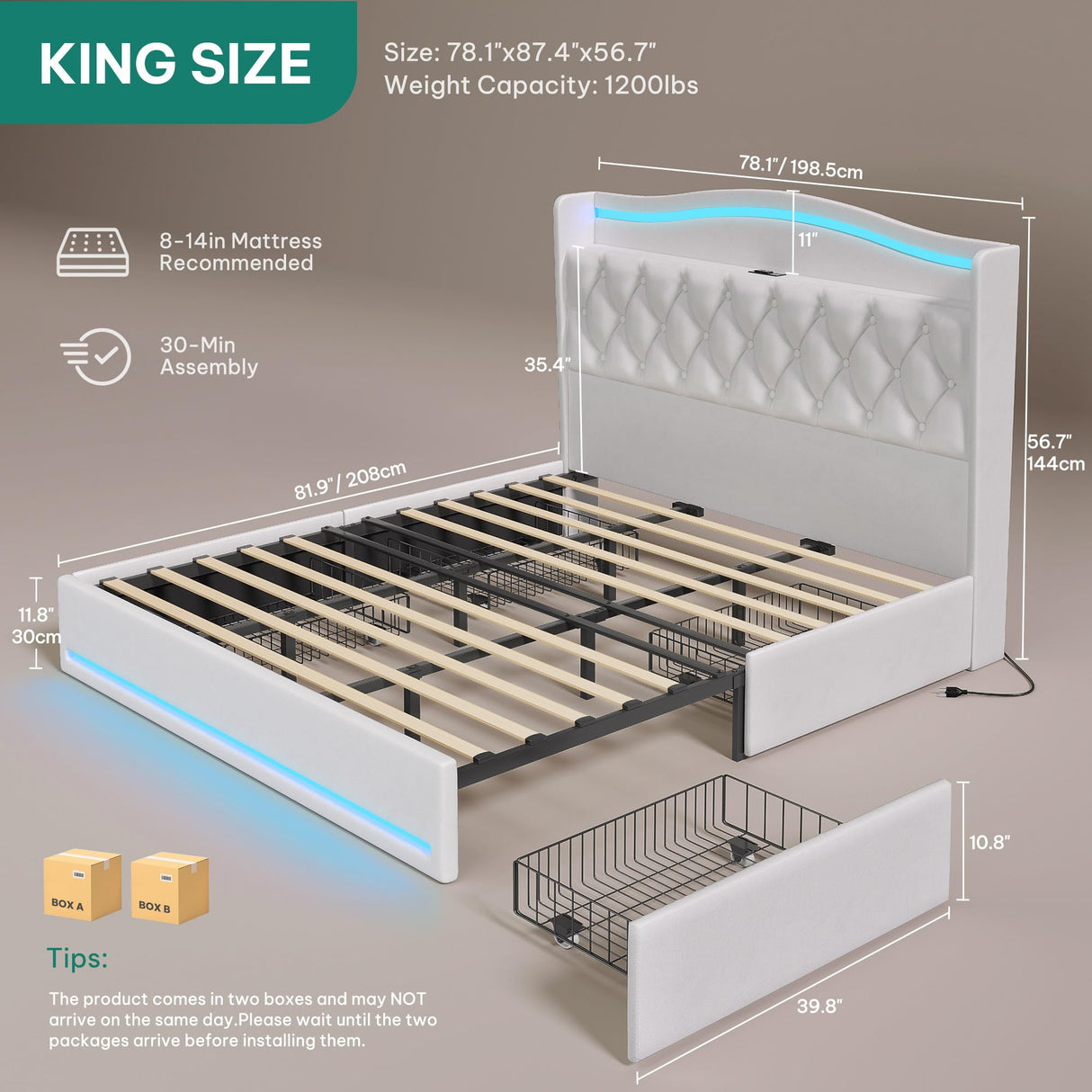DWVO King Size Bed Frame with 4 Storage Drawers and RGB LED Lights, 57'' Tall Headboard Velvet Upholstered Bed with Charging Station, No Box Spring Needed, Easy Assembly, Noise-Free, White DWVO