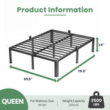NKZ 14 Inch Queen Bed Frame, Sturdy Metal Platform with Round Corner Legs, 3,500 lbs Heavy Duty Steel Slat Support, Easy Assembly, Noise Free, No Box Spring Needed NKZ