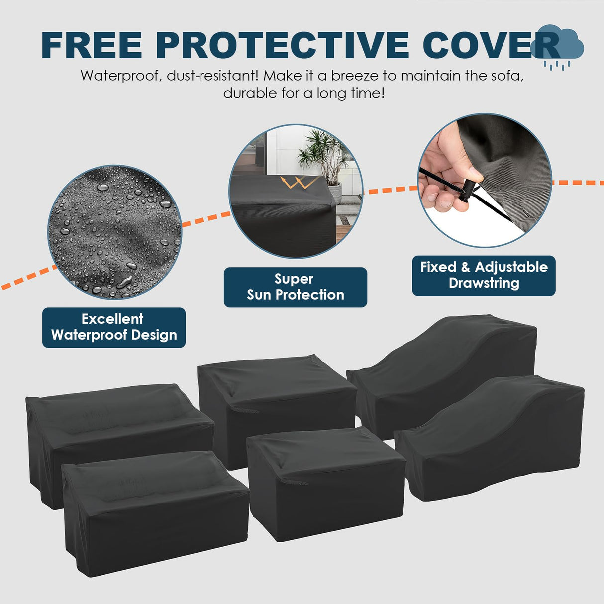 VONZOY 7 Piece Patio Furniture Set with Fire Pit Table, Outdoor Conversation Sets Wicker Rattan Sectional Sofa with Coffee Table, 4'' Thickened Cushion Navy Blue (Include Waterproof Cover) VONZOY