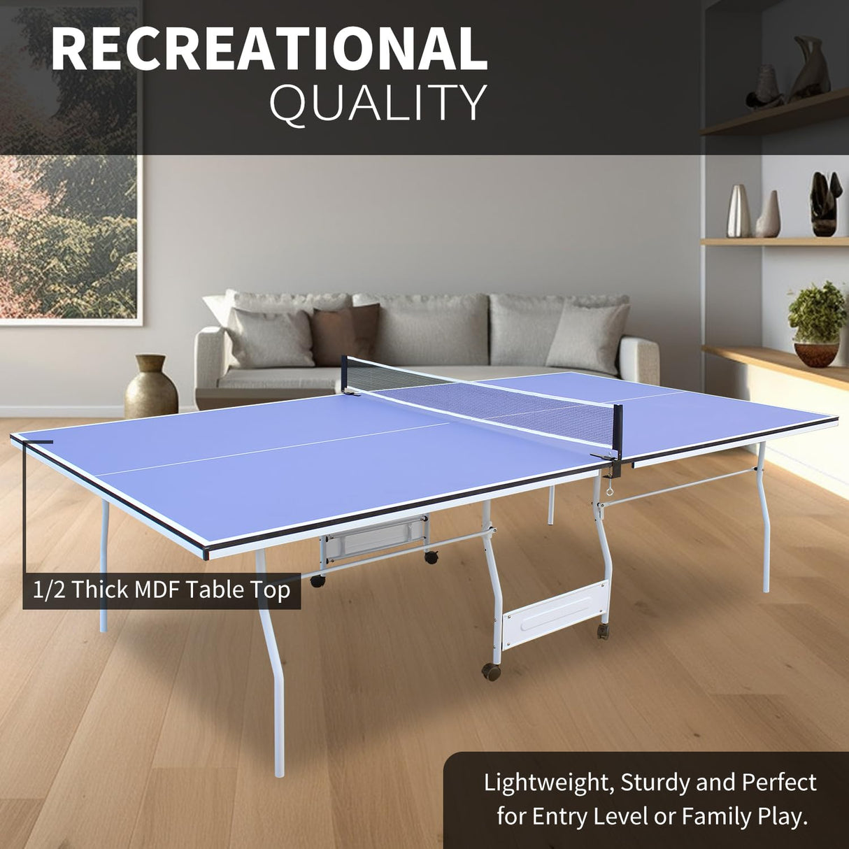 9Ft Mid-Size Table Tennis Table Foldable & Portable Professional MDF Ping Pong Table Set for Indoor Games Quick Clamp Ping Pong with Net, 2 Table Tennis Paddles and 3 Balls Blue Hipicute