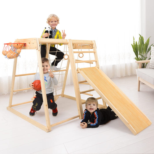 Indoor Playground, Jungle Gym,Toddler Montessori Wood Playset 9-in-1 with Slide, Basketball, Swing, Swedish Ladder, Monkey Bars, Rope Ladder, Rock Wall Dome for Kid Ages 1-6 New