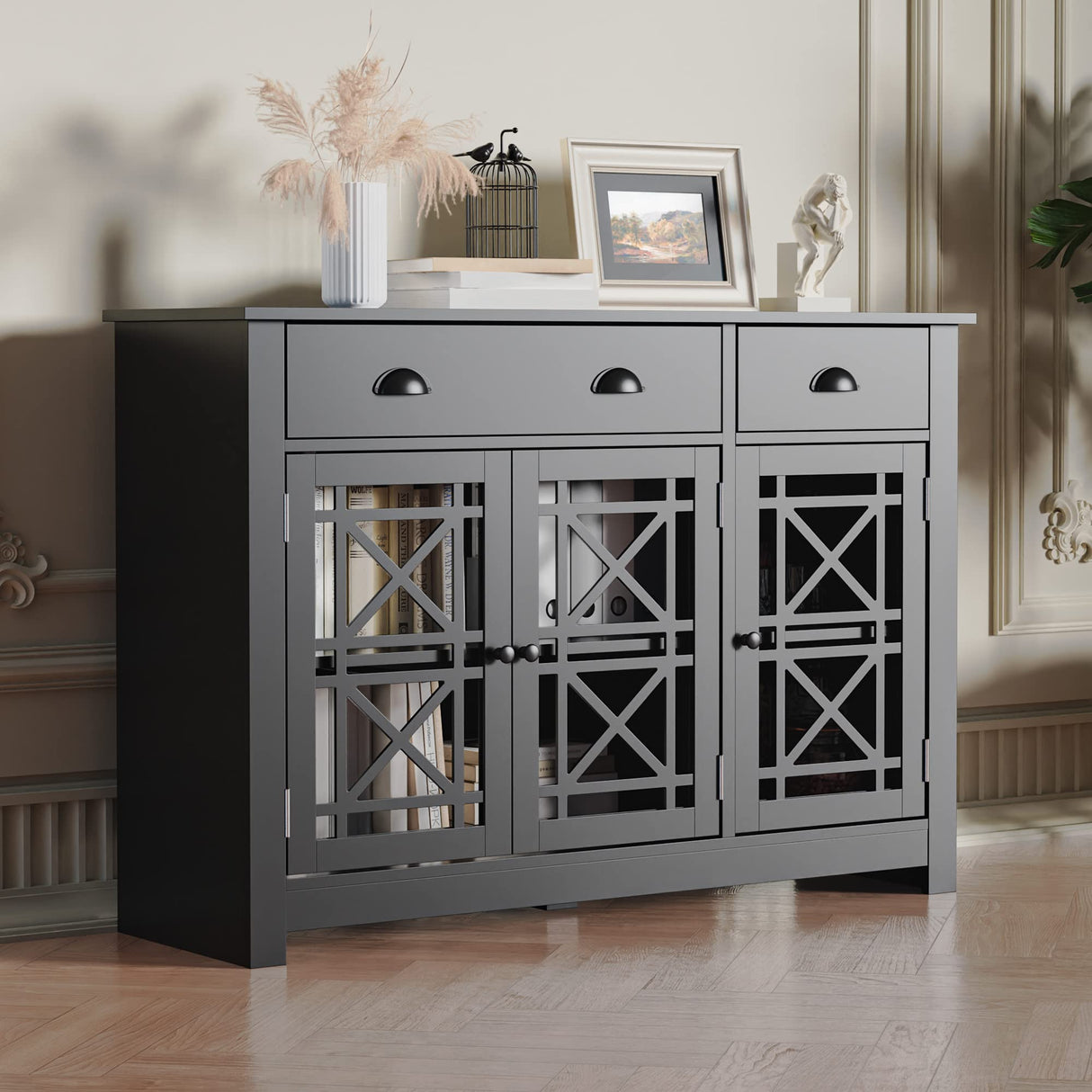 Cozy Castle Modern Buffet Cabinet with Drawers, Wood Sideboard Buffet Cabinet with 3 Acrylic Glass Doors, Freestanding Bar Cabinet, Black Cozy Castle