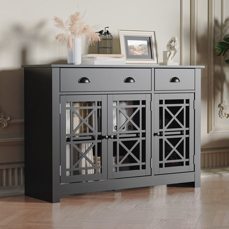 Cozy Castle Modern Buffet Cabinet with Drawers, Wood Sideboard Buffet Cabinet with 3 Acrylic Glass Doors, Freestanding Bar Cabinet, Black Cozy Castle