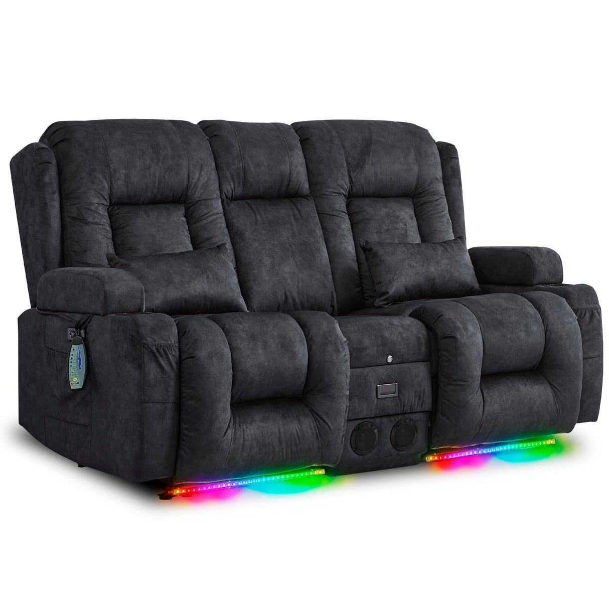 URRED Loveseat Recliner Sofa with Massage and Heat, Power Reclining Loveseat Sofa RV Couch with Console, Home Theater Seating with LED Lights, Bluetooth Speakers, USB, Outlets, Velvet, Dark Grey URRED