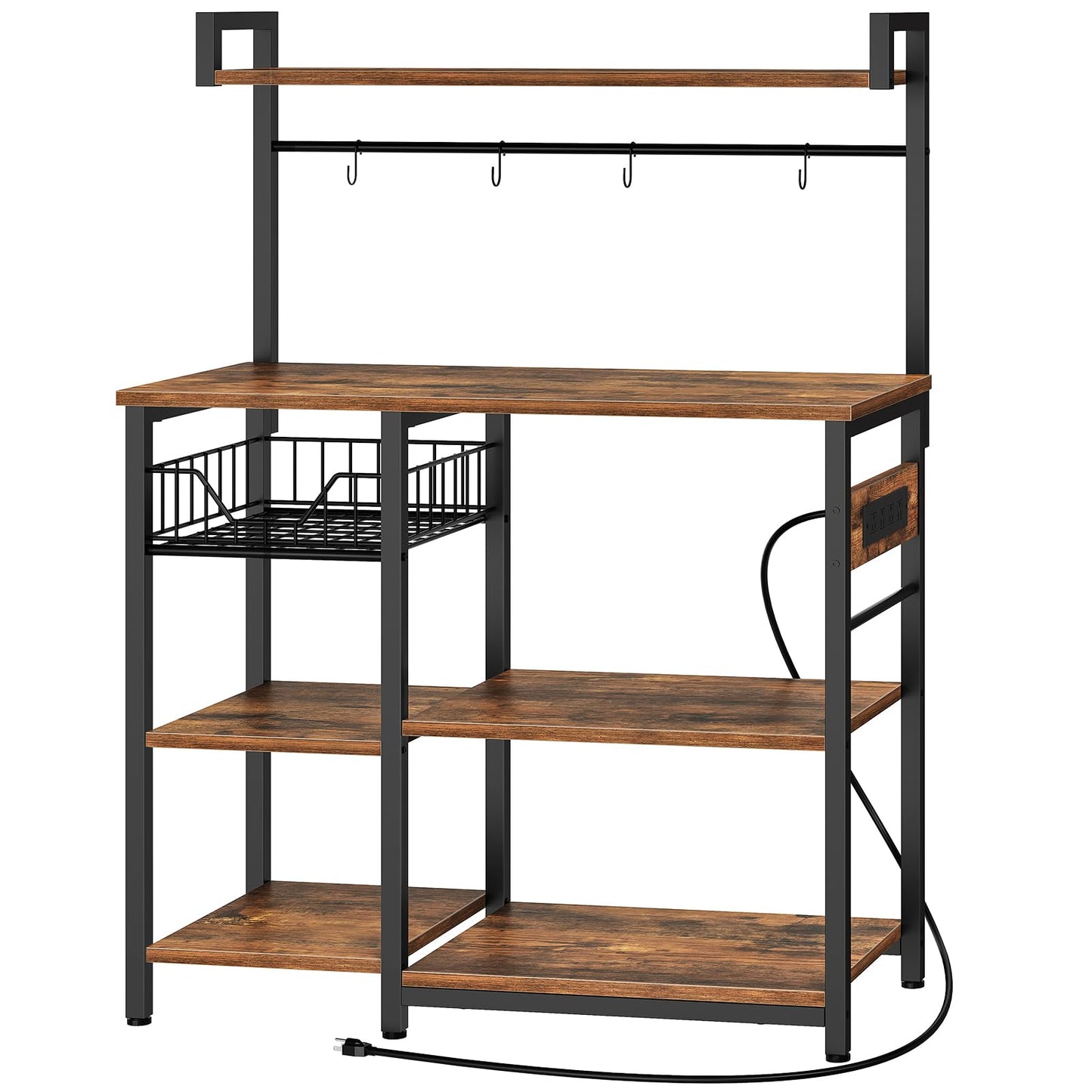 HOOBRO Bakers Rack with Power Outlet, 35.4 Inches Coffee Bar with Mesh Basket, Microwave Stand with 4 S-Shaped Hooks, Kitchen Bakers Rack with Storage, Easy to Assemble, Rustic Brown BF05HB01