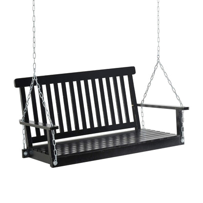 Outsunny 2-Seater Hanging Porch Swing Outdoor Patio Swing Chair Seat with Slatted Build and Chains, 440lbs Weight Capacity, Black - WoodArtSupply