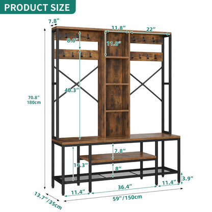 YITAHOME Farmhouse Entryway Bench with Coat Rack 59", 5-in-1 Hall Tree with Bench and Shoe Storage for Entrance, Living Room, Bedroom, Rustic Brown - WoodArtSupply