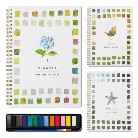 Beginner Watercolor Painting Kit Watercolor Workbook Coloring Book 12 Colors Paint Set with Brush,Easy Nature Scenes Beginner Friendly Watercolor Paint Set Gift for Adults Teens. (Flowers) JLTFSTR