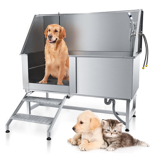 Yokrawpet 62" Pet Dog Bathing Station,Professional Stainless Steel Dog Grooming Tub,Pet Bathing Tub Dog Bathing Station with Faucet Walk-in Ramp Accessories,Commercial or Household use, (Extra Large)