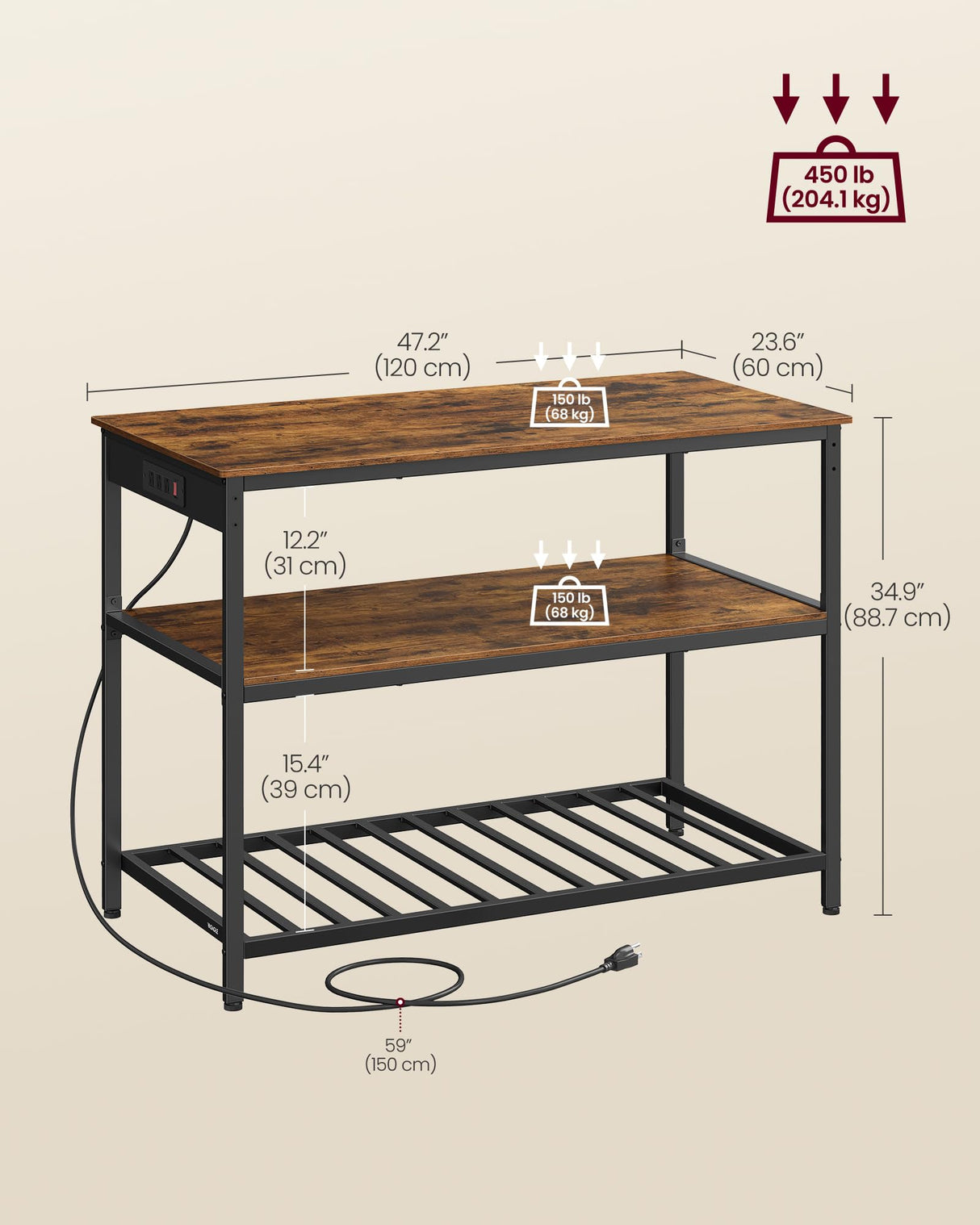 VASAGLE Kitchen Island with 3 Shelves, 47.2 Inches Width Kitchen Shelf with Power Strip, Large Worktop, Stable Steel Structure, Industrial, Easy to Assemble, Rustic Brown and Black UKKI101K01 VASAGLE