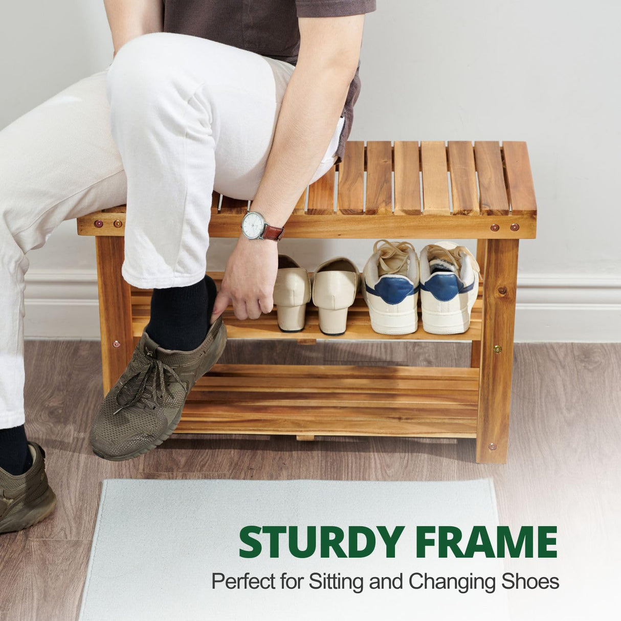 BEEFURNI Wooden Shoe Rack Bench, 3-Tier Sturdy Shoe Organizer, Acacia Wood Shoe Shelf, 300 LBS Load Capacity, Perfect for Closet Entryway Bathroom Bedroom, 1-year Manufacturer Warranty, Natural Acacia BEEFURNI