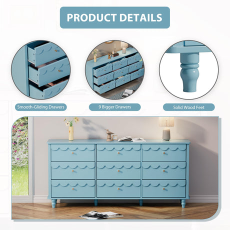 Anbuy Bedroom Set 3 PCS Scalloped 9 Drawer Dresser and Night Stand Sets for Bedroom, Two Drawers Nightstand Set of 2 & Scalloped 9 Drawer Dresser Combo 3 Pieces (Blue) Anbuy